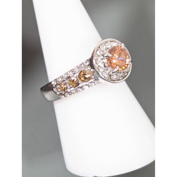 Faux Citrine CZ Round Halo Solitaire Cocktail Ring Size 8 Silver Tone - Picture 2 of 7